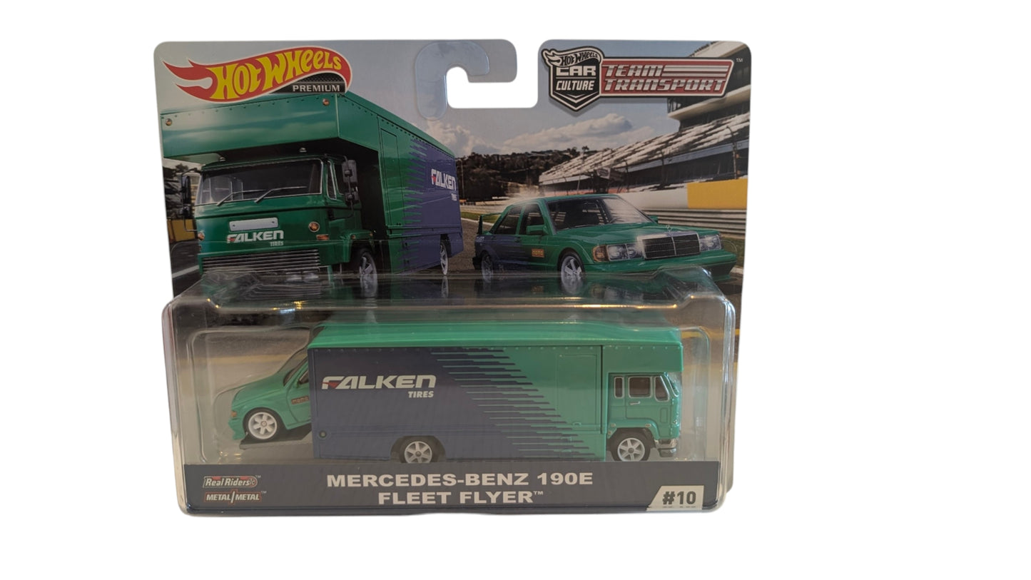 Hot Wheels Premium Car Culture Team Transport #10 – Mercedes-Benz 190E & Fleet Flyer (Falken)