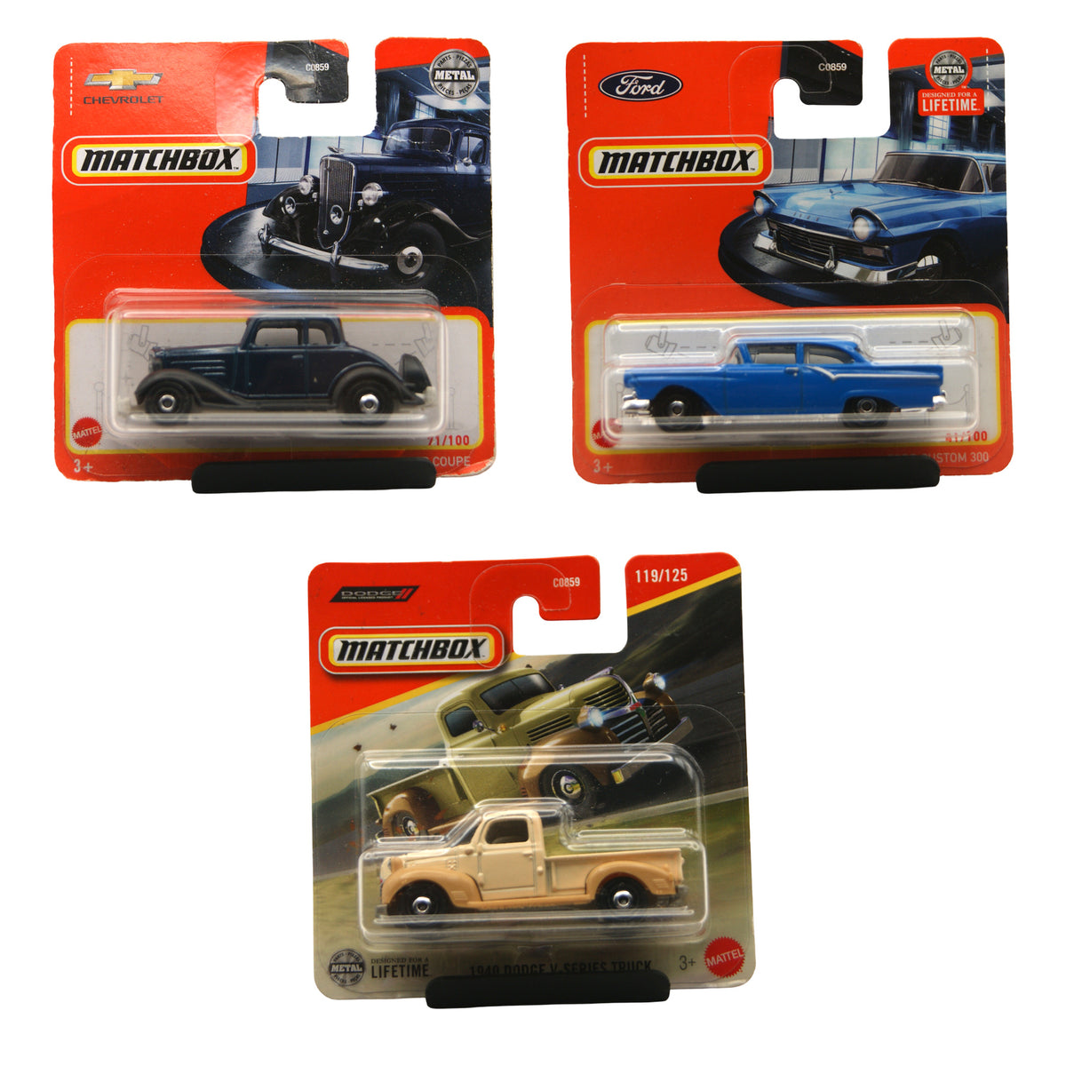Matchbox 3er Set Dodge Truck Chevy Coupe Ford Custom US Klassiker 1:64 OVP