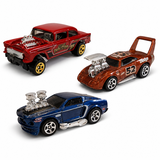 Hot Wheels 3er-Set Muscle Cars & Dragster – ’55 Chevy, Dodge Daytona und Ford Mustang – lose