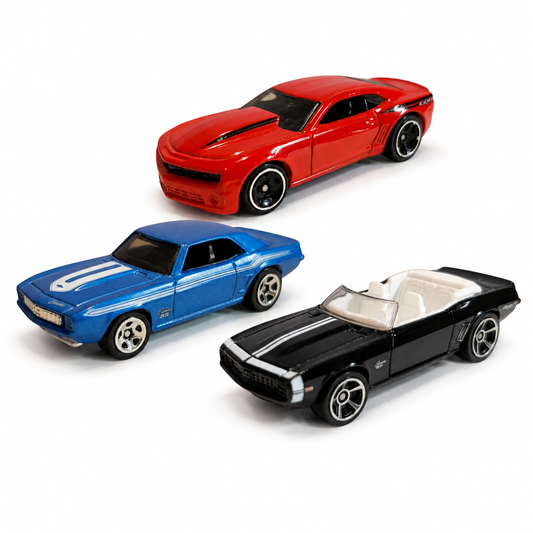 Hot Wheels 3er-Set Chevrolet Camaro – Coupé, ’69 Camaro SS & Cabriolet – lose ca. 1:64