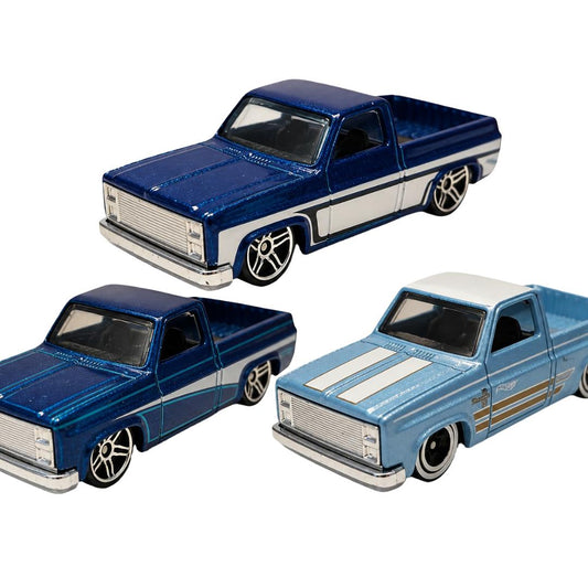 Hot Wheels ’83 Chevy Silverado 3er-Set – Custom Lowrider Pickups in Blau – lose