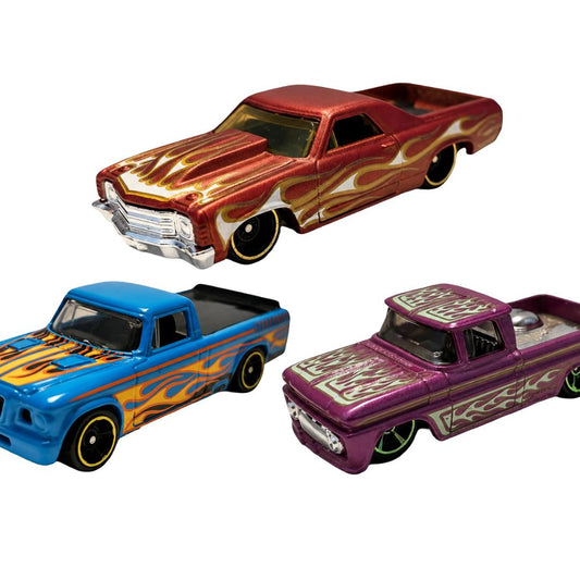 Hot Wheels Custom-Pickup 3er-Set – El Camino, Custom Pickup & La Troca im Flames-Design – lose