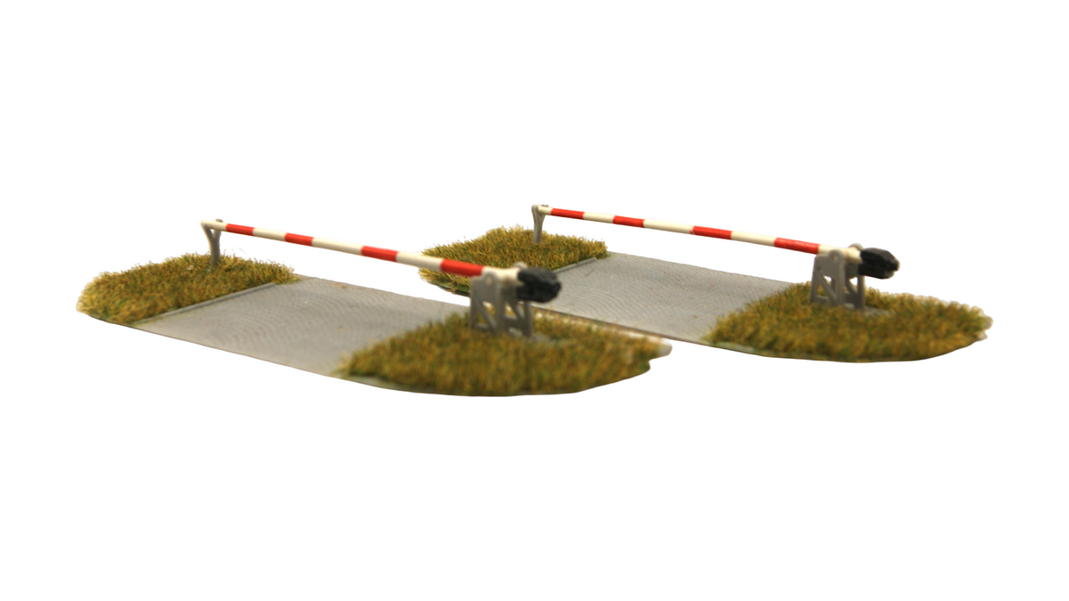 2 Bahnübergänge mit Schranken H0 1:87 – Begrüntes Modellbahnzubehör