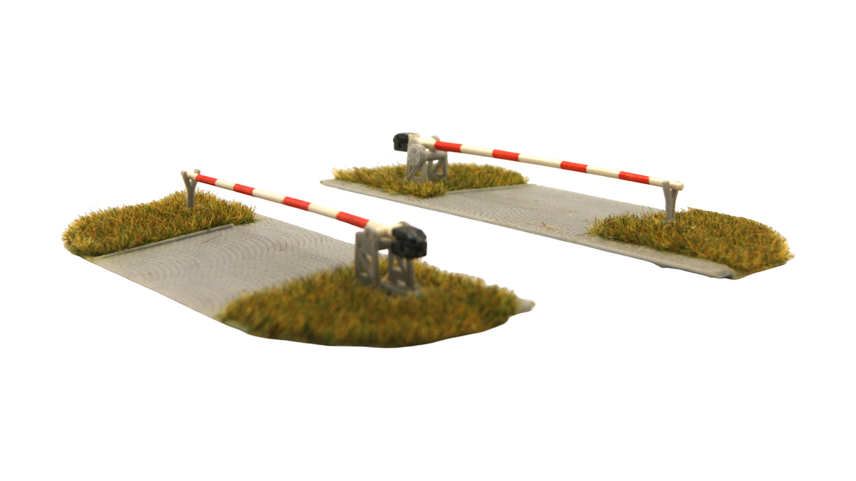 2 Bahnübergänge mit Schranken H0 1:87 – Begrüntes Modellbahnzubehör