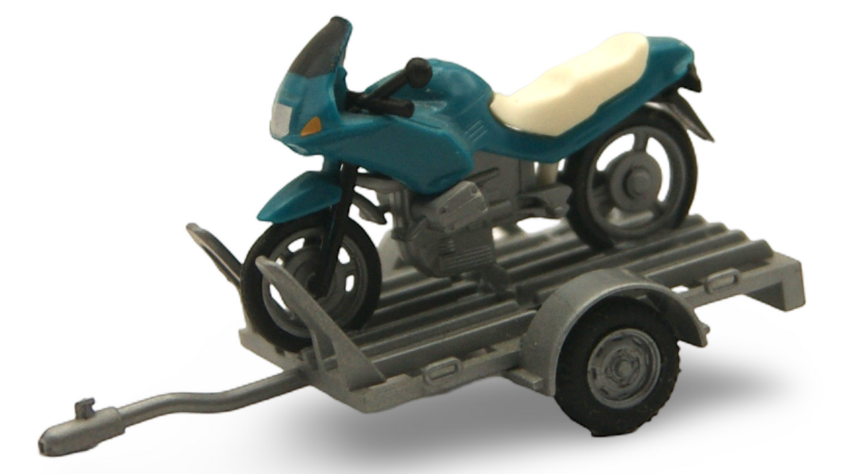 Motorrad mit Transportanhänger 1:87 H0 Blau Weiß Prägung 23 838