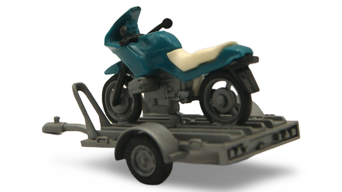 Motorrad mit Transportanhänger 1:87 H0 Blau Weiß Prägung 23 838