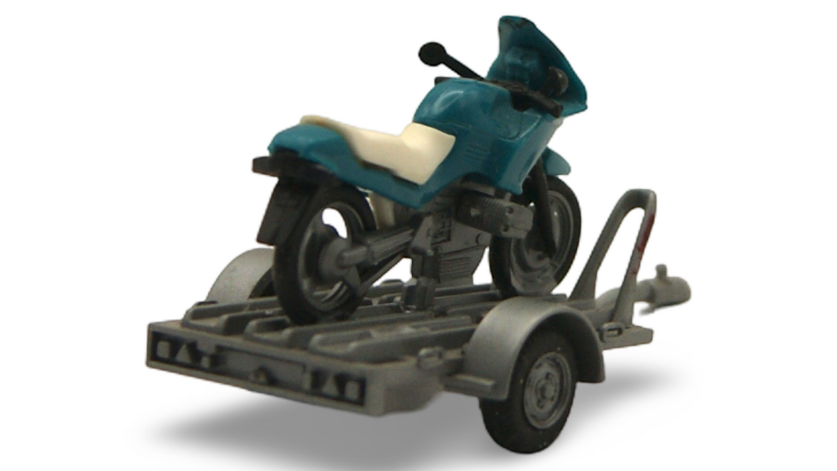 Motorrad mit Transportanhänger 1:87 H0 Blau Weiß Prägung 23 838