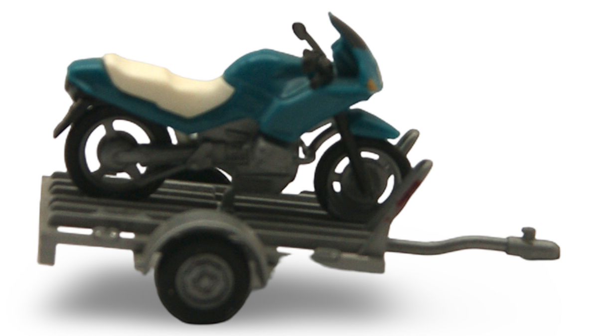 Motorrad mit Transportanhänger 1:87 H0 Blau Weiß Prägung 23 838