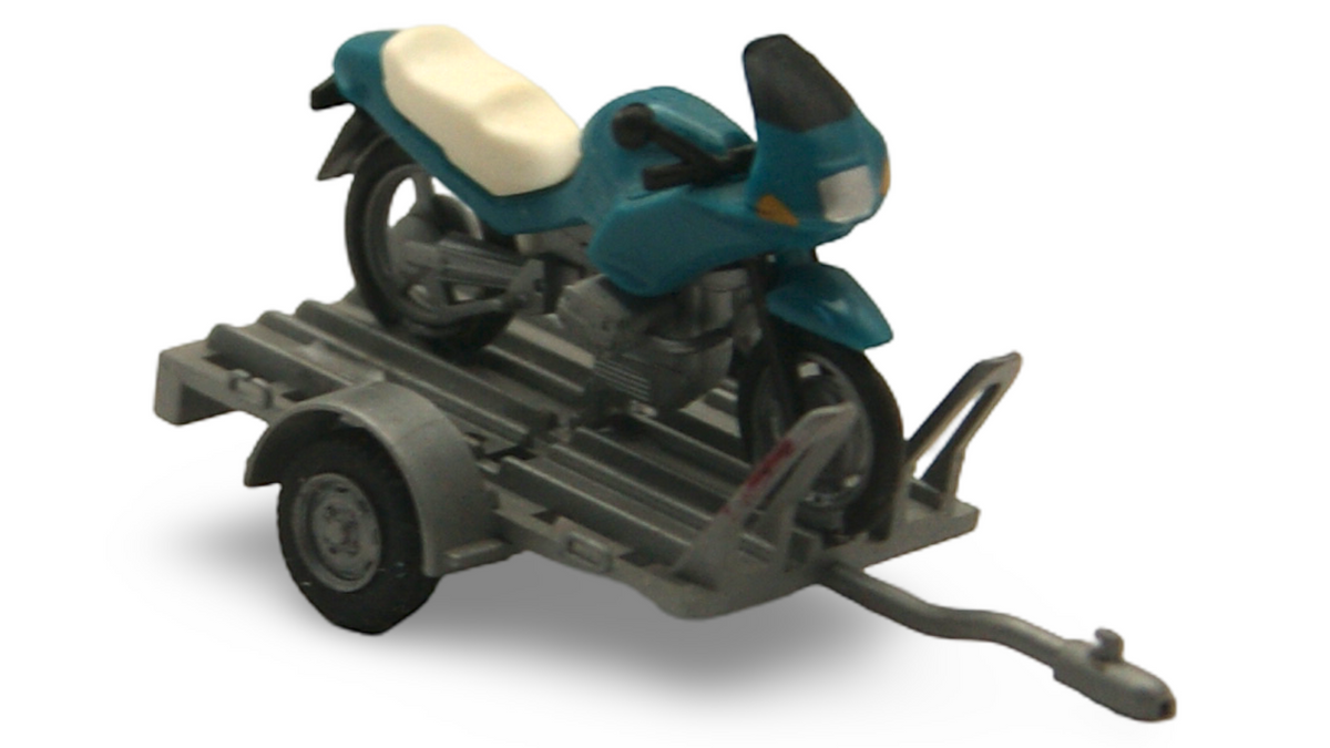 Motorrad mit Transportanhänger 1:87 H0 Blau Weiß Prägung 23 838