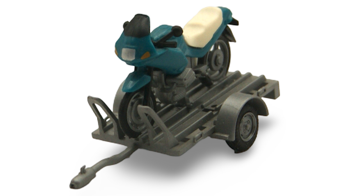 Motorrad mit Transportanhänger 1:87 H0 Blau Weiß Prägung 23 838