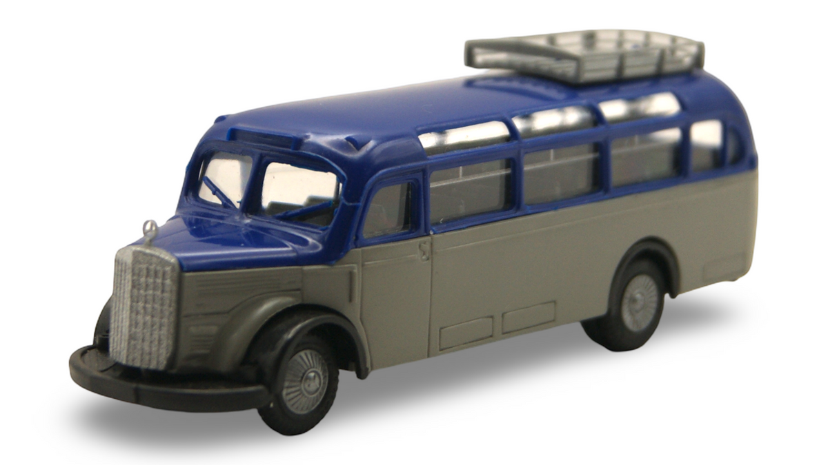 Praline Mercedes-Benz O 3500 Reisebus Blau Grau 1:87 H0 – guter Zustand