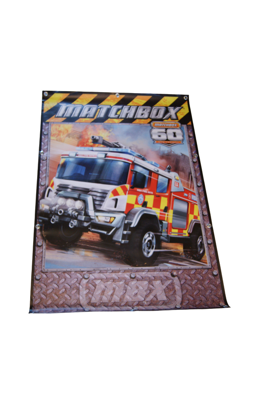 Matchbox 60 Jahre Werbebanner Feuerwehr Kunststoffplane 127 x 84 cm mit Ösen