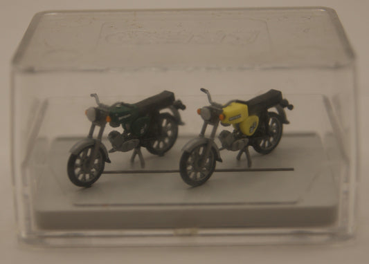 KRES Simson S51 B Motorräder grün & schwefelgelb – 2 Stück H0 1:87 – mit Präsentationsbox