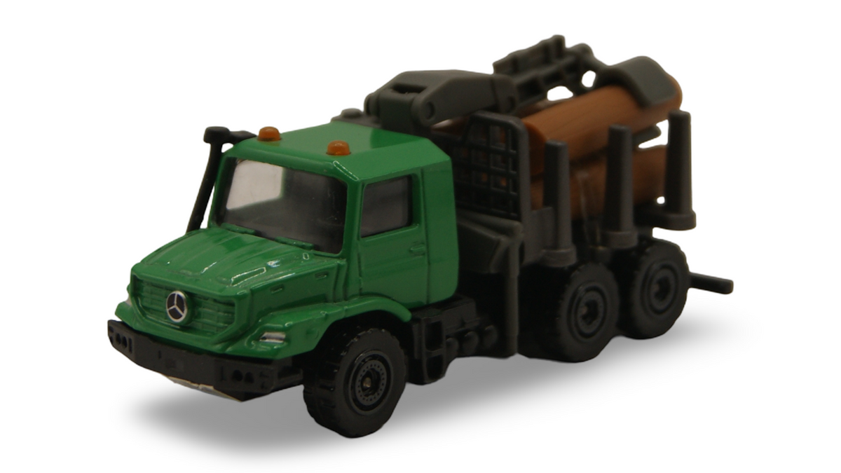 Majorette Mercedes-Benz Zetros Holztransporter mit Ladekran & Holzstämmen