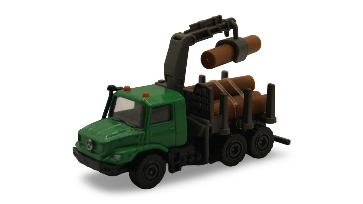 Majorette Mercedes-Benz Zetros Holztransporter mit Ladekran & Holzstämmen