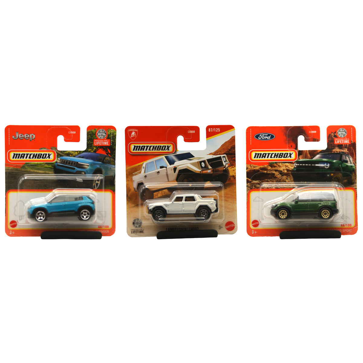 Matchbox 3er Set Ford Bronco Sport Jeep Avenger Lamborghini LM002 1:64 OVP