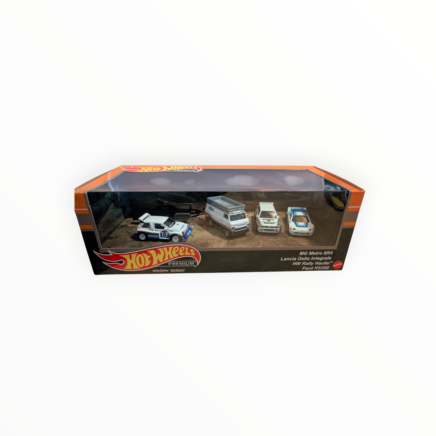 Hot Wheels Premium Rally Legends Diorama Set | MG Metro 6R4, Lancia Delta Integrale, Ford RS200 & HW Rally Hauler | 1:64