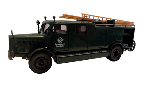 Brekina Mercedes-Benz L 5400 S LF 25 – Feuerschutzpolizei Hamburg – H0 1:87 – mit Kunststoffvitrine