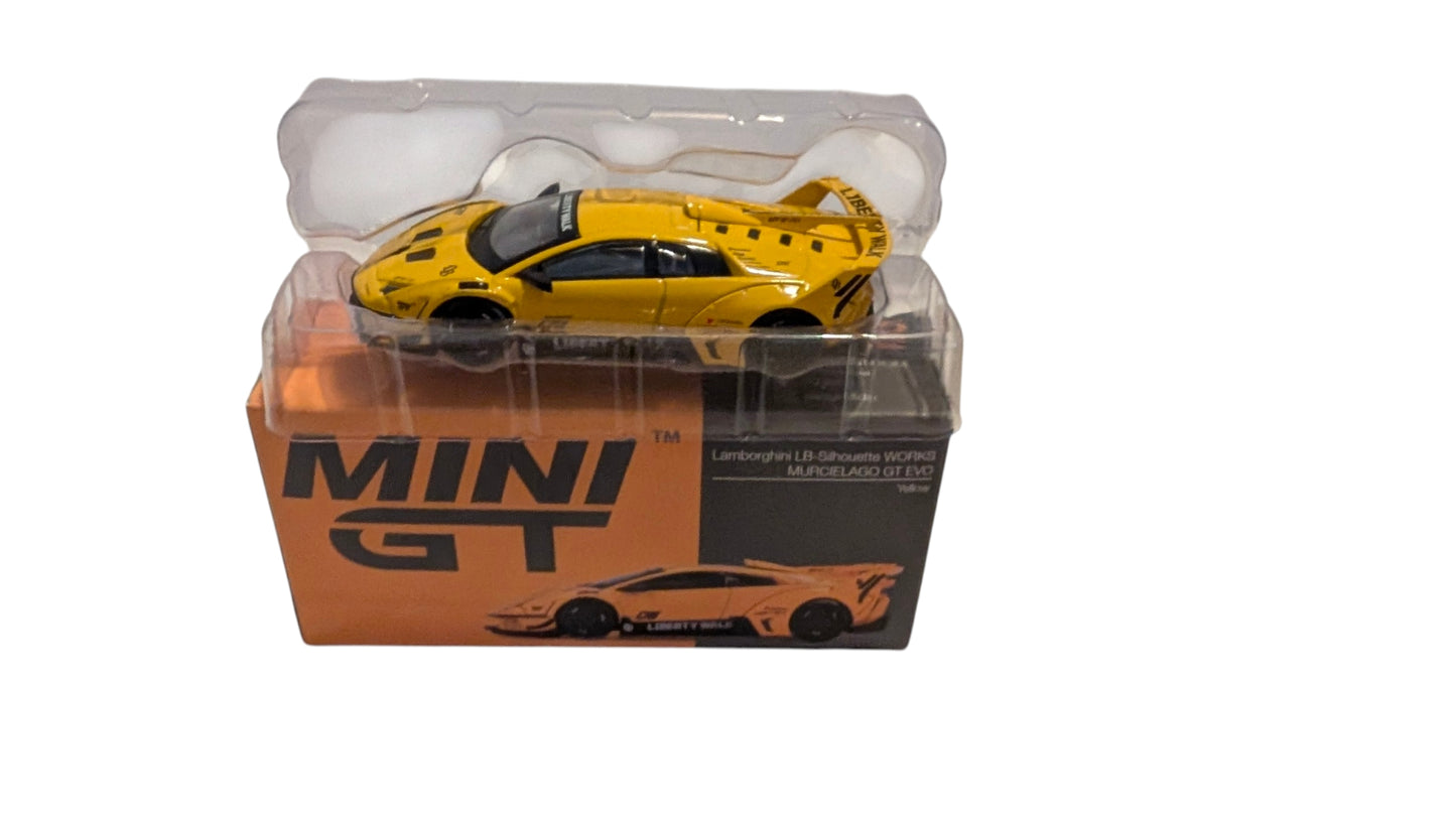 MINI GT Lamborghini LB-Silhouette WORKS Murciélago GT EVO Yellow 1:64 – Liberty Walk Sammlermodell