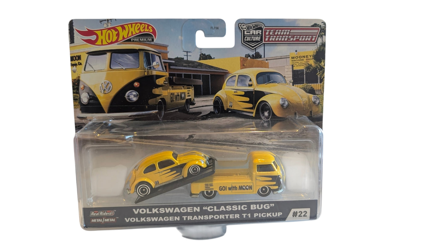 Hot Wheels Premium Car Culture Team Transport #22 – Volkswagen "Classic Bug" & Volkswagen Transporter T1 Pickup (Mooneyes)